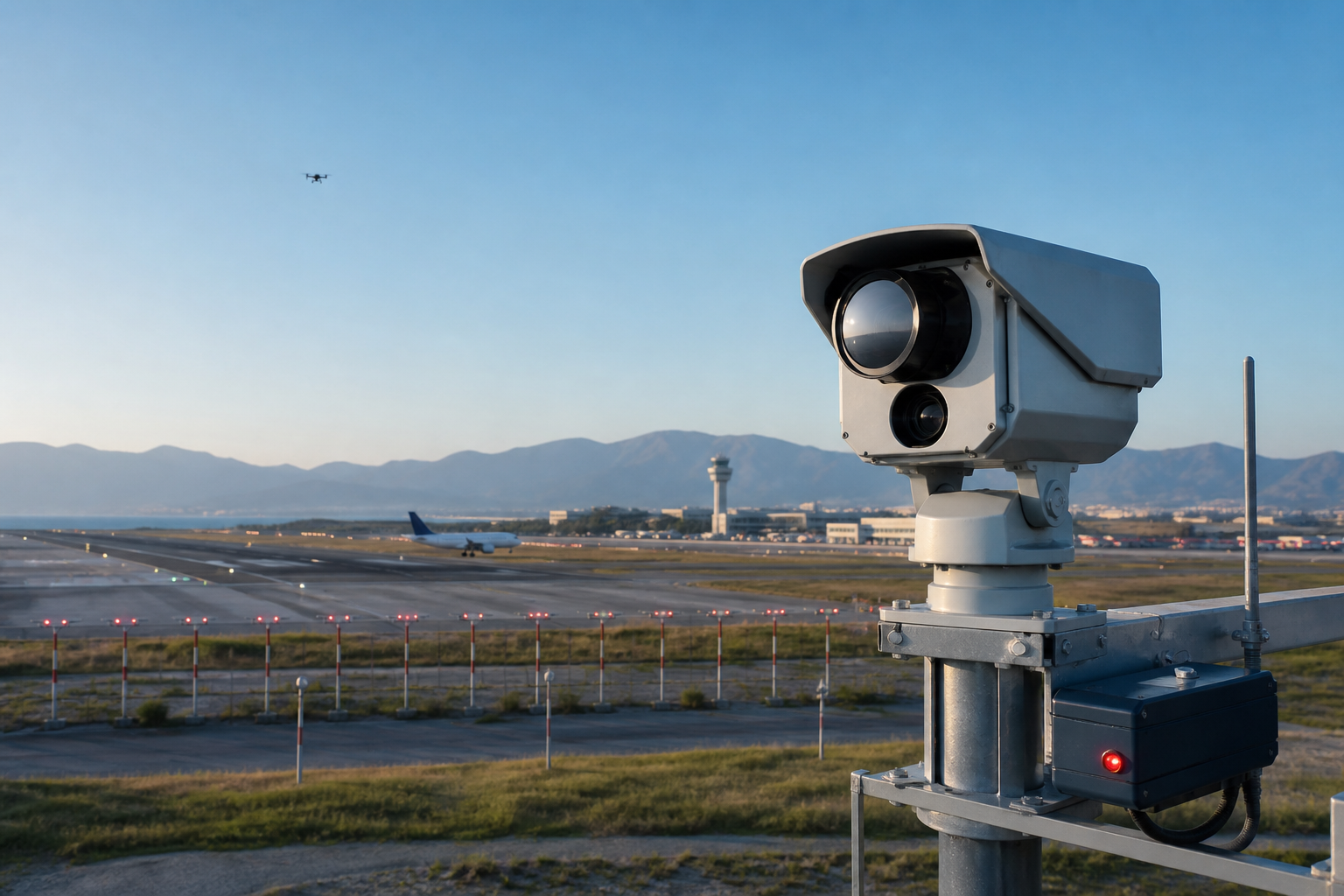 Long-range electro-optical sensor monitoring a drone near an airport runway and flight path.